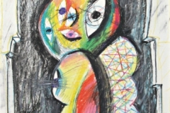 15164, Noch ein Besuch in der Galerie, Augen Figur, Wachskreiden/Papier, 1972, 63x44 cm