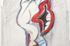 15166, der Kritiker in der Galerie, Augen Figur, Wachskreiden/Papier, 1972, 61x43 cm