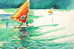 10555, oranges Segelboot, 1983, Aquarell/Papier, 29x38,5 cm